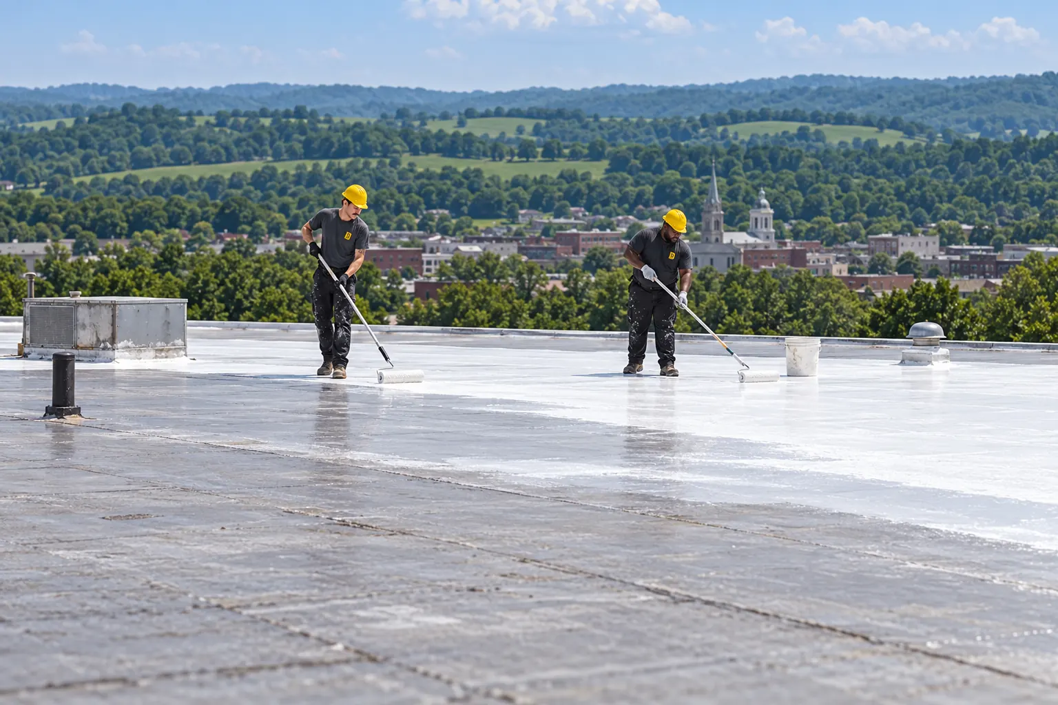 Two roofers in logo shirts rolling white acrylic coating across a commercial roof