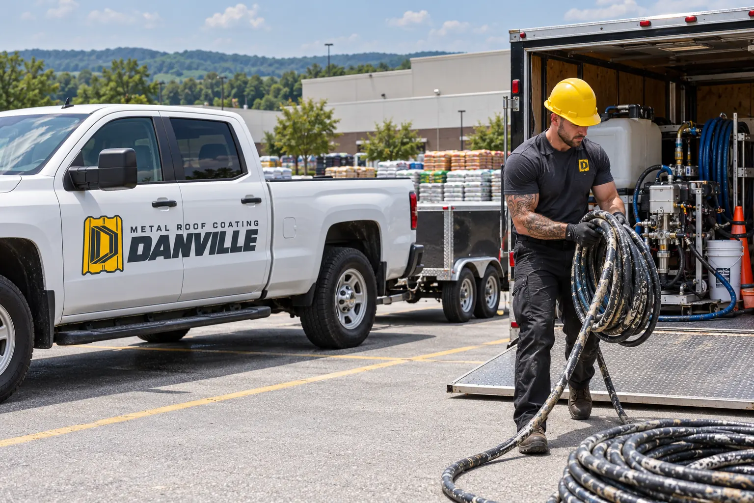 Crew member pulling spray hose from a rig trailer beside the work truck