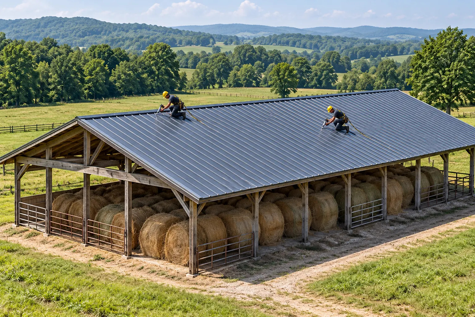 Roofers sealing seams on a metal barn roof