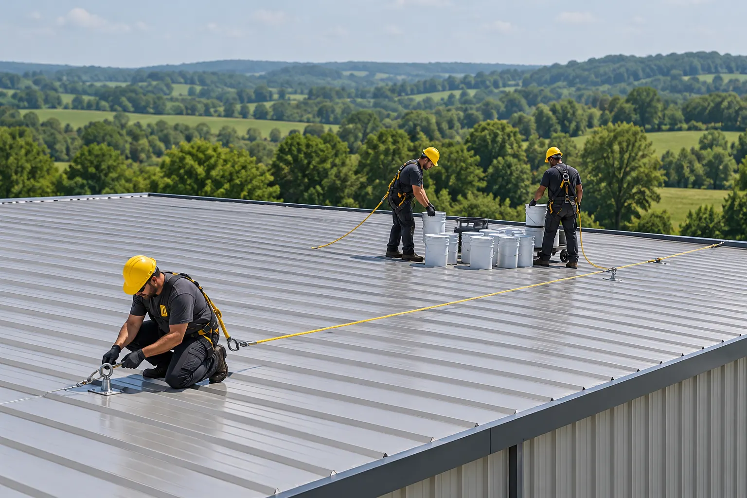 Roofer anchored on a metal shop roof beside staged coating pails