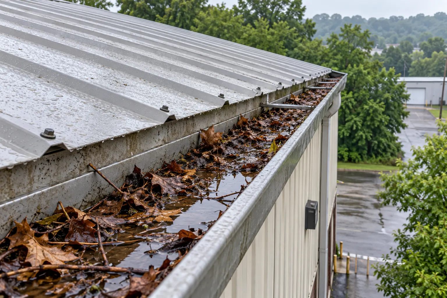Leaf-clogged gutter holding standing water along the eave of a metal building roof