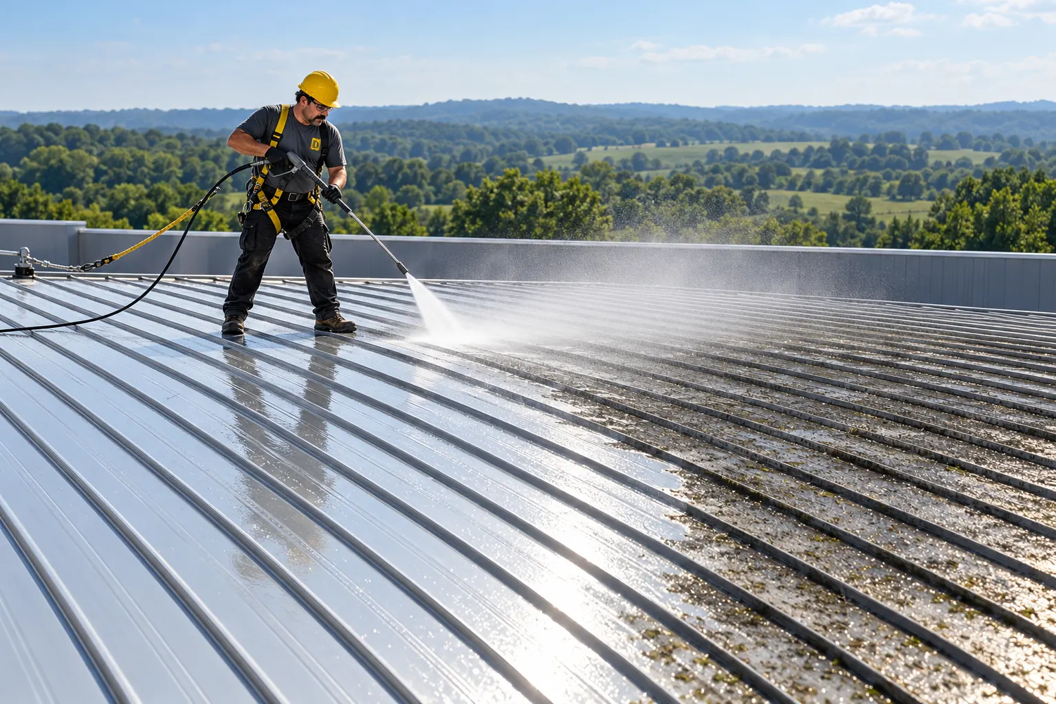 Crew member pressure washing a metal roof before primer goes on