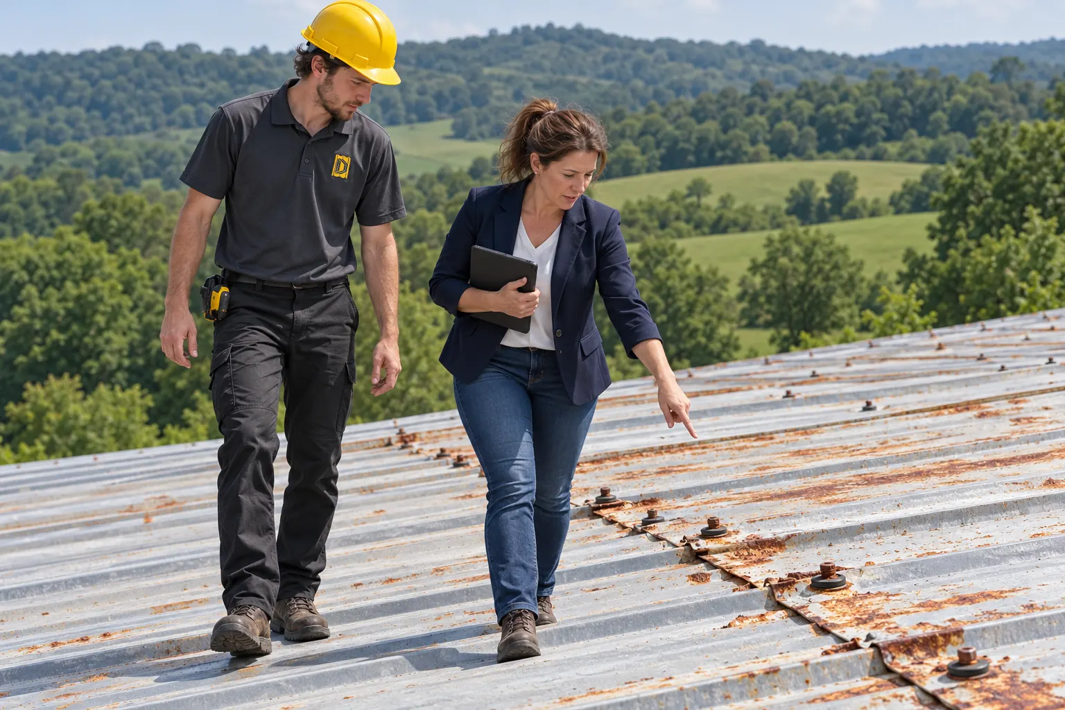 Roofer walking a rusting metal roof while the building owner points out loose screws