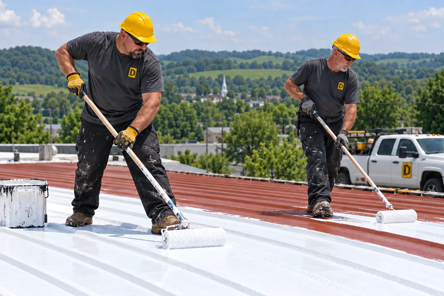 Roofer in a logo work shirt rolling white coating over a red metal roof in Danville, KY