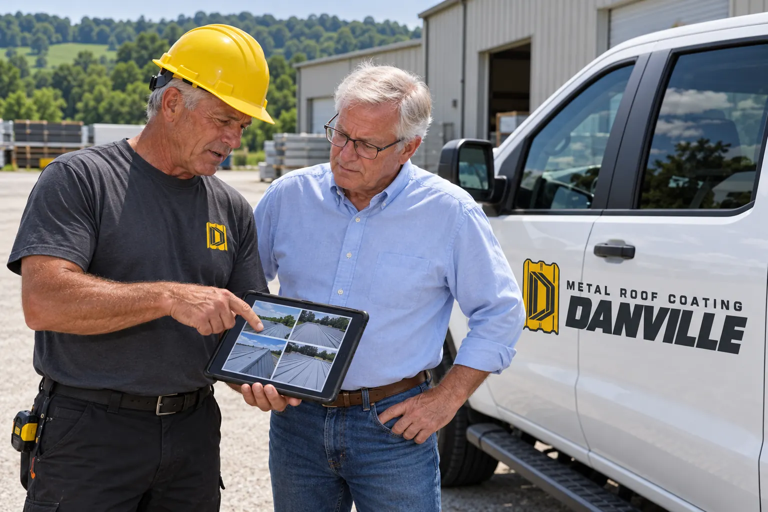 Crew lead showing a building owner roof photos on a tablet beside the work truck