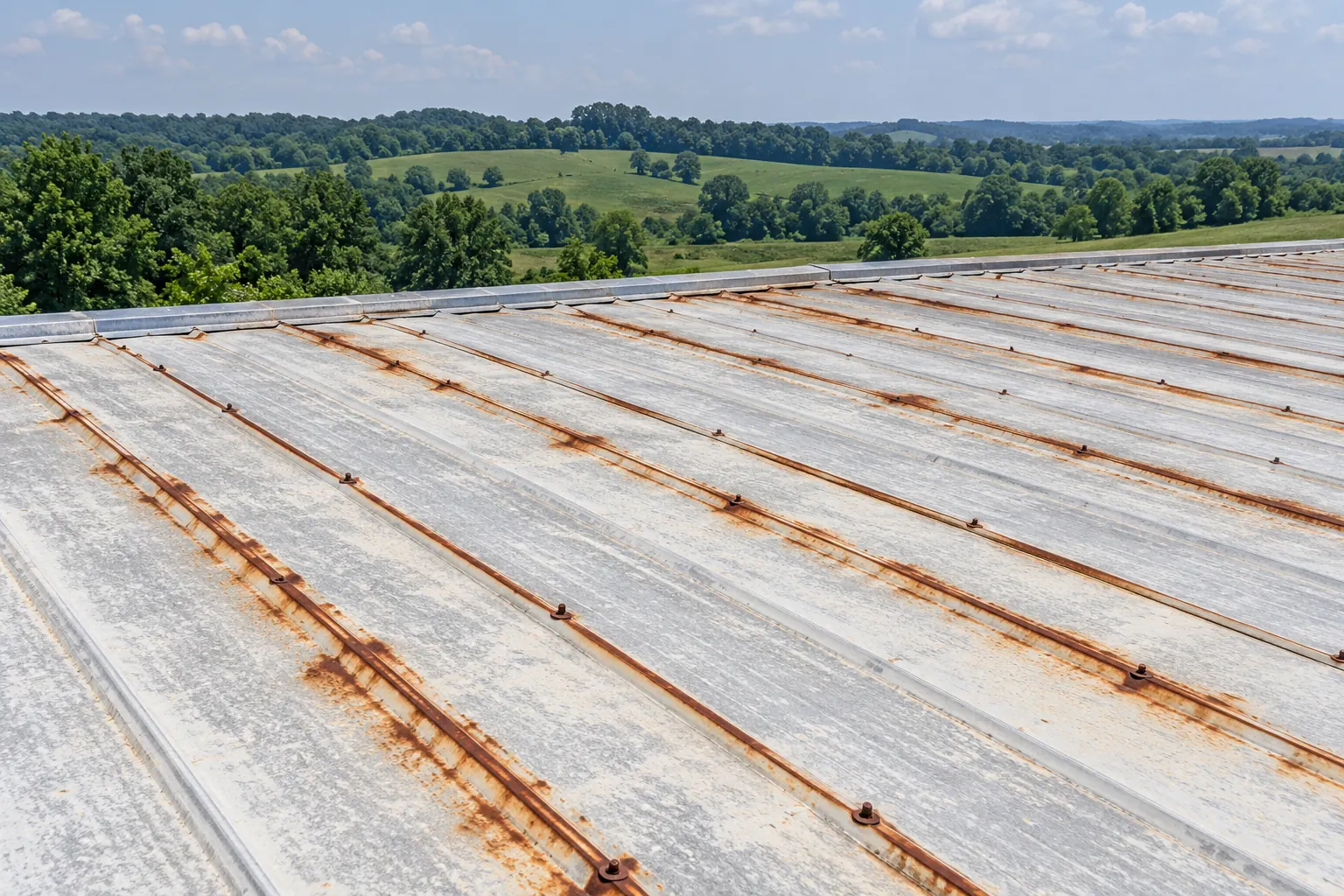 Rust streaks along the seams and laps of an older commercial metal roof