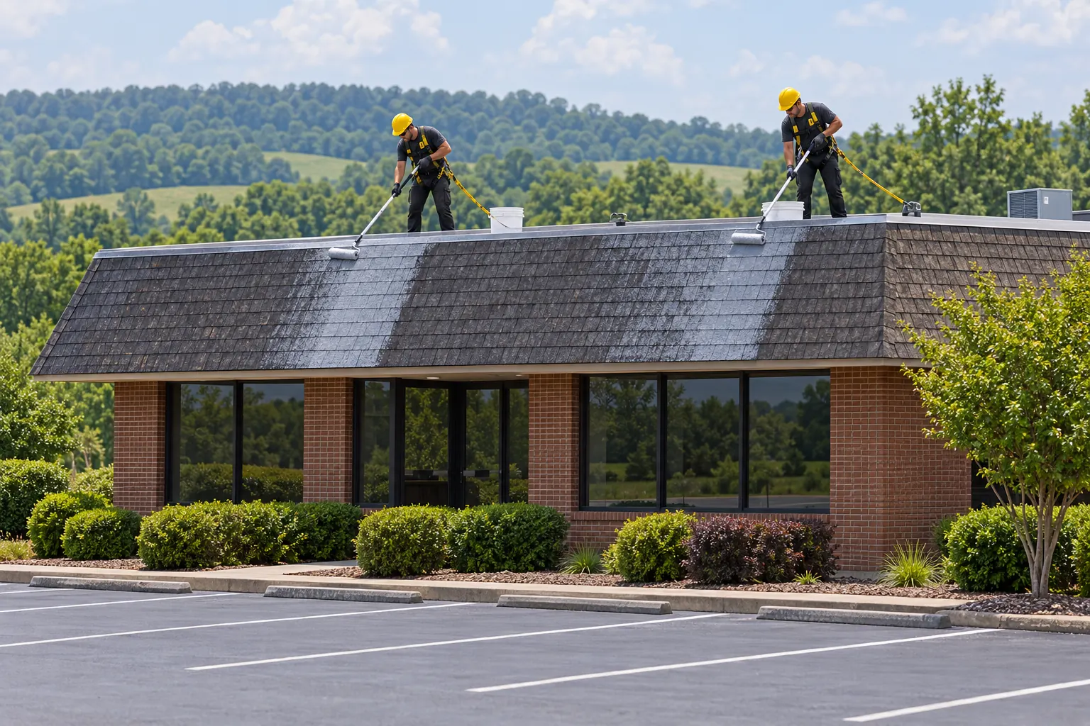 Two roofers coating the asphalt shingle roof of a brick office building
