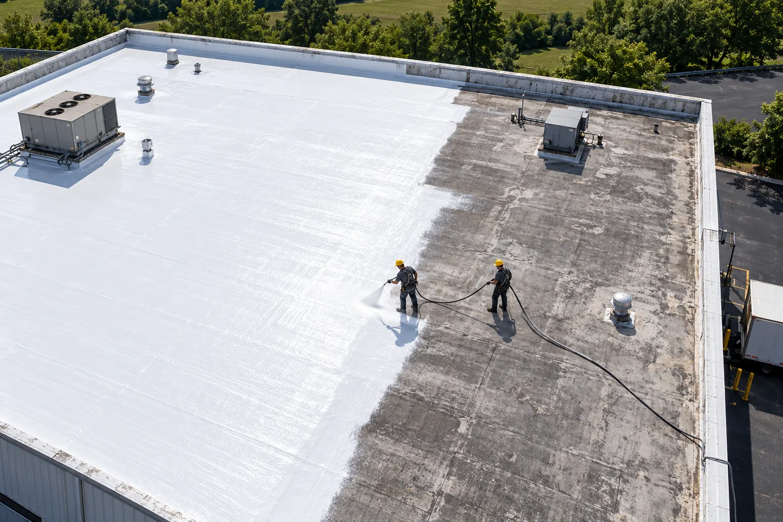 Aerial view of two roofers spraying white silicone over a gray low-slope roof