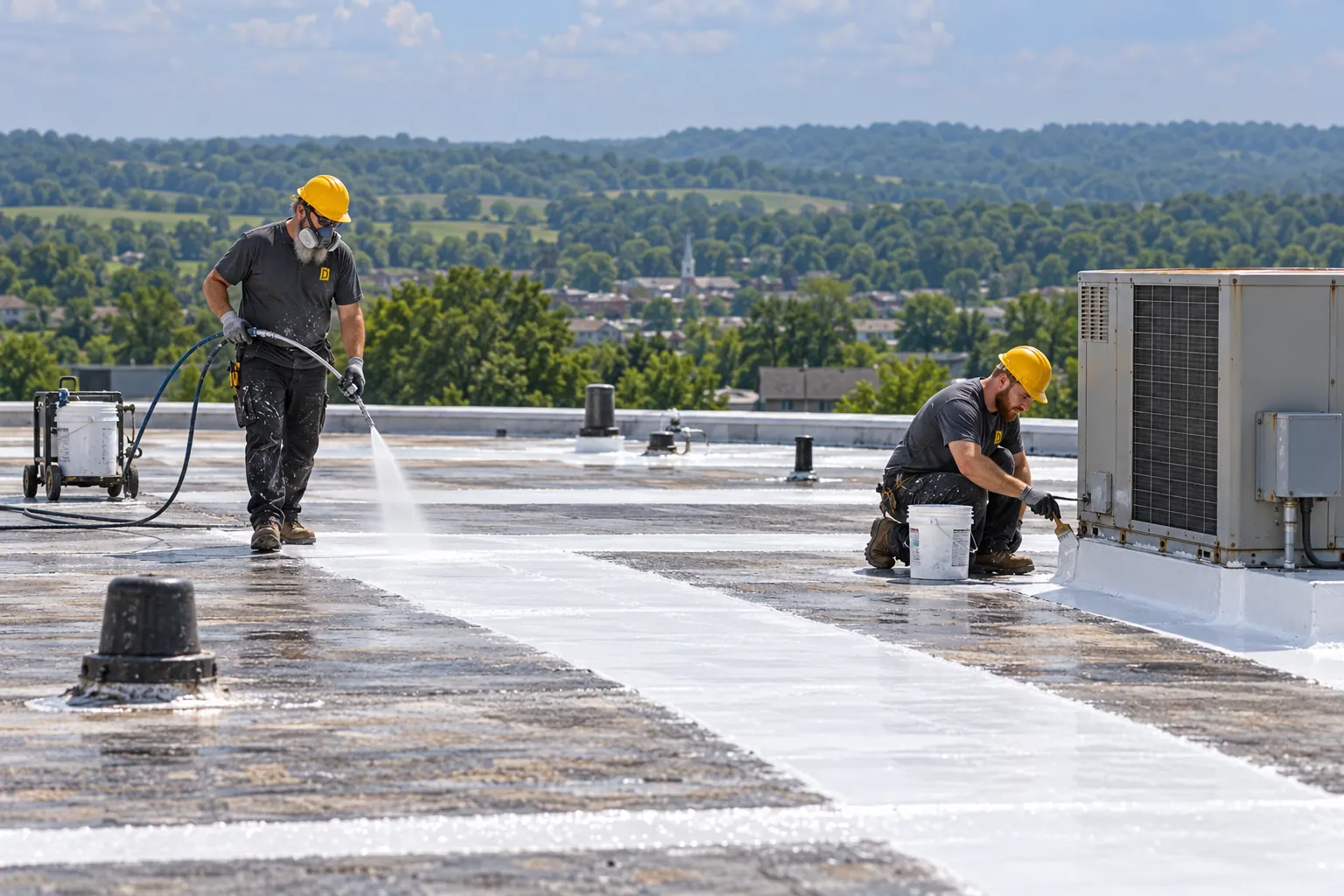Roofer spraying silicone over a low-slope roof
