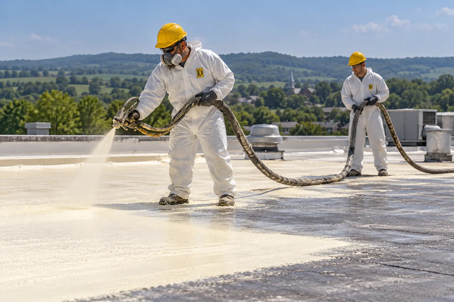Roofer in a white suit spraying foam across a commercial roof while a second crew member feeds hose