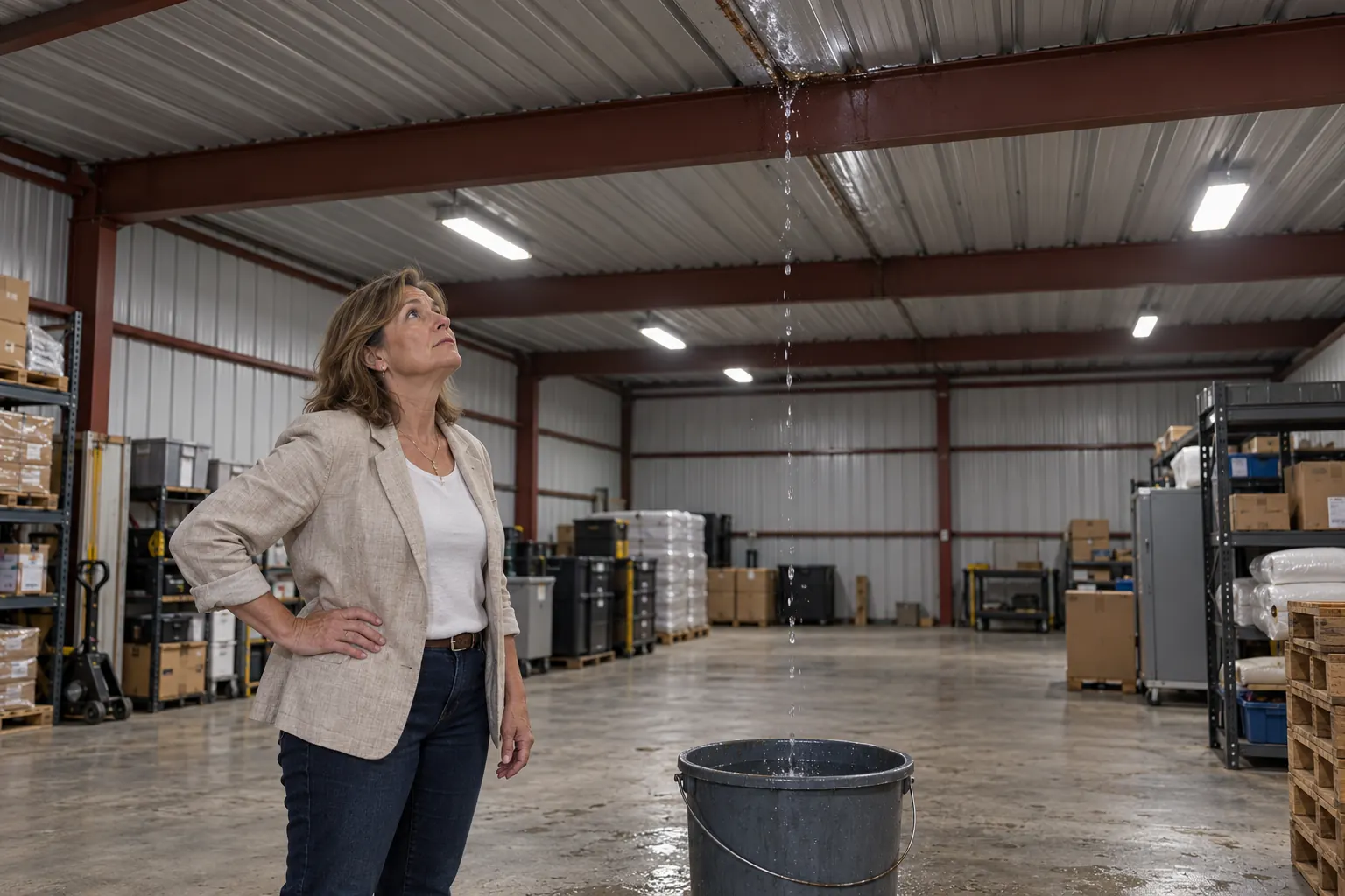 Building owner looking up at water dripping into a bucket inside a metal warehouse
